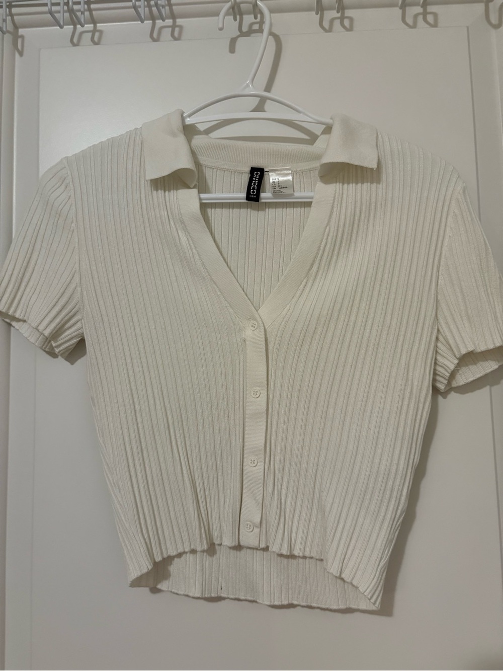 Ribbed Short-Sleeve Button-Front Top - Cream
